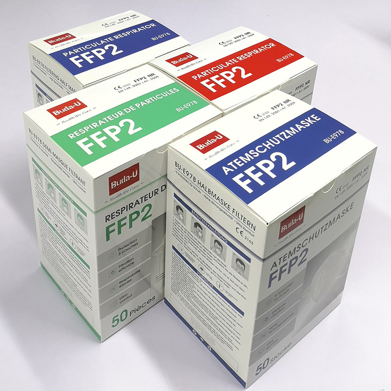 FFP2 αναπνευστική συσκευή μασκών προσώπου στη γαλλική, ισπανική, γερμανική συσκευασία, CE 0370, προστατευτική μάσκα FFP2, μαύρο λευκό