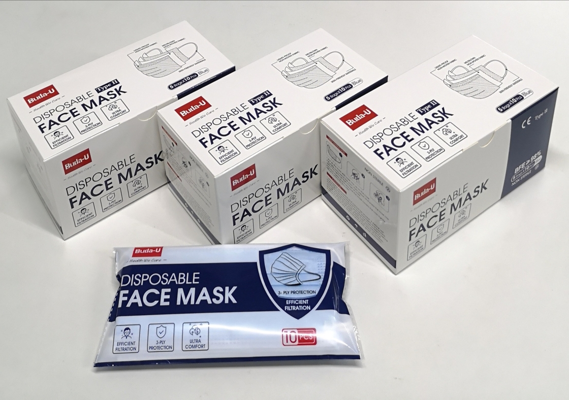 Η ιατρική μάσκα προσώπου Bu-E50B 3Ply στην τυποποιημένη συσκευή FDA ASTM απαρίθμησε και εγγραφή